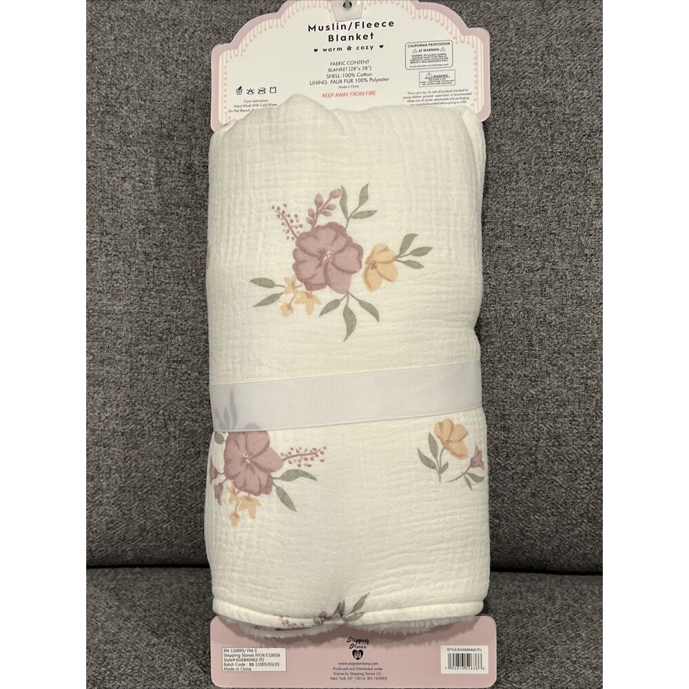 BONBINI Cotton Muslin Baby Blanket Stepping Stones Flower Print Ivory Reversible